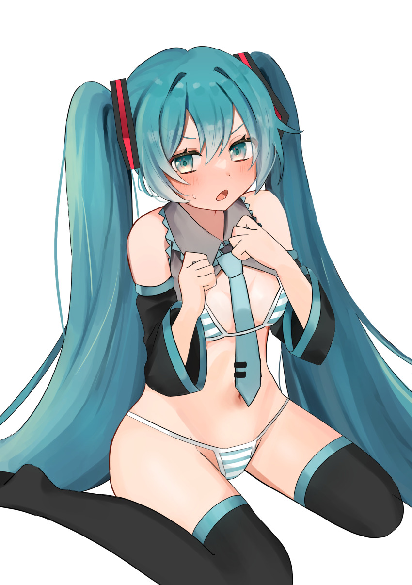 1girl, :o, absurdres, aqua_eyes, aqua_hair, bikini, black_sleeves, black_thighhighs