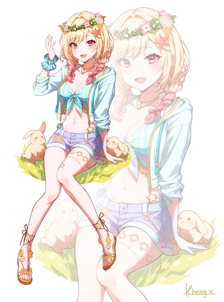 1girl, :d, absurdres, blonde_hair, blue_shorts, blush, braid, breasts