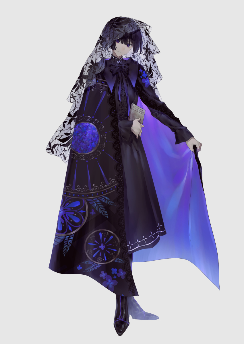 1boy, absurdres, androgynous, black_cloak, black_dress, black_hair, black_ribbon, black_veil