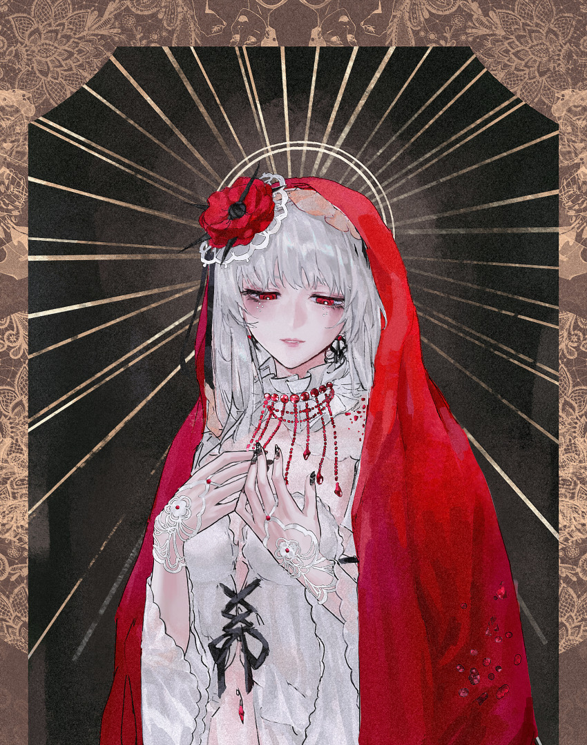 1girl, absurdres, babydoll, black_background, black_nails, blush, border, cape, catvnuf, collar, coquelic_(path_to_nowhere), cross-laced_clothes, cross-laced_dress, facial_mark, fascinator, flower, frilled_collar, frills, hair_flower, hair_ornament, hands_on_own_chest, highres, jewelry, lips, long_hair, looking_down, nail_polish, navel, navel_piercing, necklace, ornate_border, parted_lips, path_to_nowhere, piercing, poppy_(flower), red_cape, red_eyes, red_flower, ribbon_earrings, solo, teardrop_facial_mark, upper_body, white_babydoll, white_hair