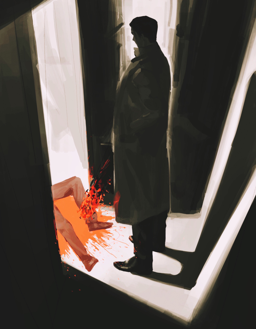 1boy, 1other, absurdres, baseball_bat, coat, corpse, dead_rabbits_(identity)_(project_moon), death