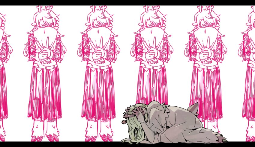 1girl, absurdres, animal_ears, antlers, blonde_hair, body_fur, bouquet, commentary, cosplay, deer_antlers, deer_ears, deer_girl, deer_tail, deltarune, dress, elbow_gloves, english_commentary, flower, furry, furry_female, gloves, goomyloid, hands_on_own_head, highres, holding, holding_bouquet, hooves, horns, kneeling, letterboxed, long_skirt, mixed-language_commentary, momoiro_no_kagi_(vocaloid), noelle_holiday, noelle_holiday_(dark_world), romaji_commentary, sketch_inset, skirt, solo, standing, tail, utdr_(toby_fox), white_background, white_dress, white_gloves