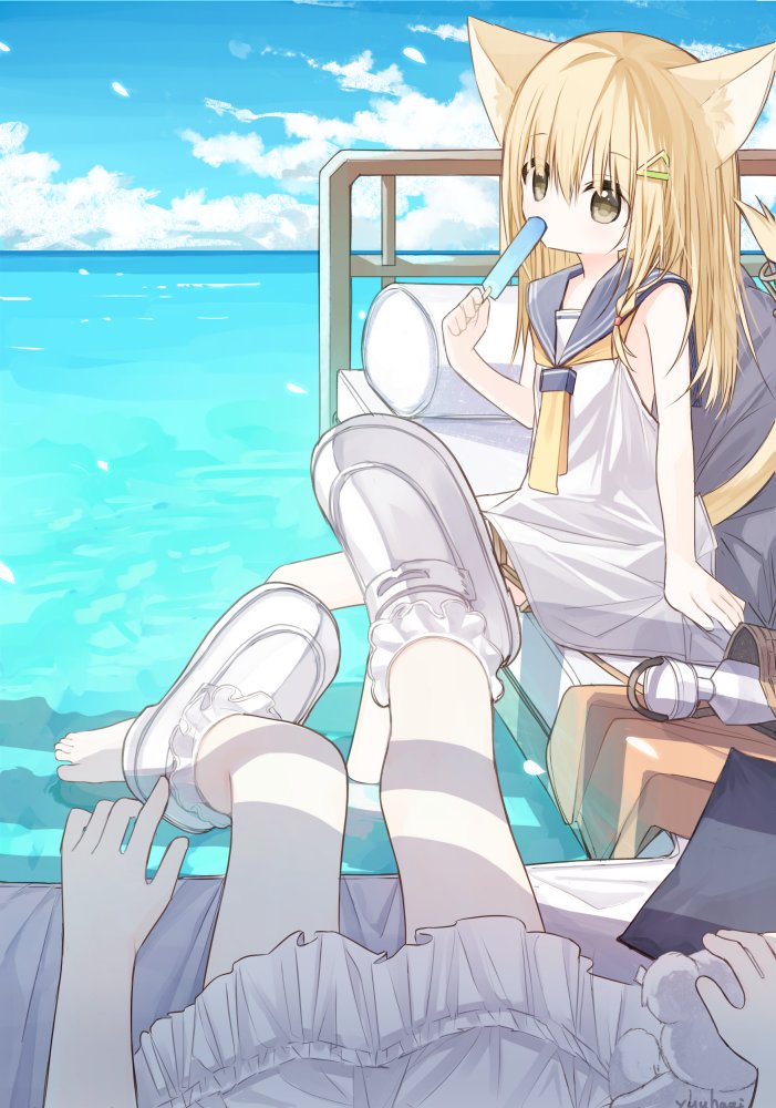 2girls, animal_ear_fluff, animal_ears, bare_arms, bare_shoulders, barefoot, blue_sailor_collar, blue_sky, blush, brown_eyes, bunny_girl_(yuuhagi_(amaretto-no-natsu)), cat_ears, cat_girl, cat_tail, cloud, commentary_request, day, dress, female_pov, food, frilled_dress, frills, hair_between_eyes, hair_ornament, hairclip, holding, holding_food, horizon, loafers, long_hair, multiple_girls, ocean, on_bed, original, outdoors, pantyhose, pillow, popsicle, pov, sailor_collar, sailor_dress, shoes, sitting, sky, sleeveless, sleeveless_dress, soaking_feet, stuffed_animal, stuffed_toy, tail, teddy_bear, waka_(yuuhagi_(amaretto-no-natsu)), water, white_dress, white_footwear, white_pantyhose, yuuhagi_(amaretto-no-natsu)