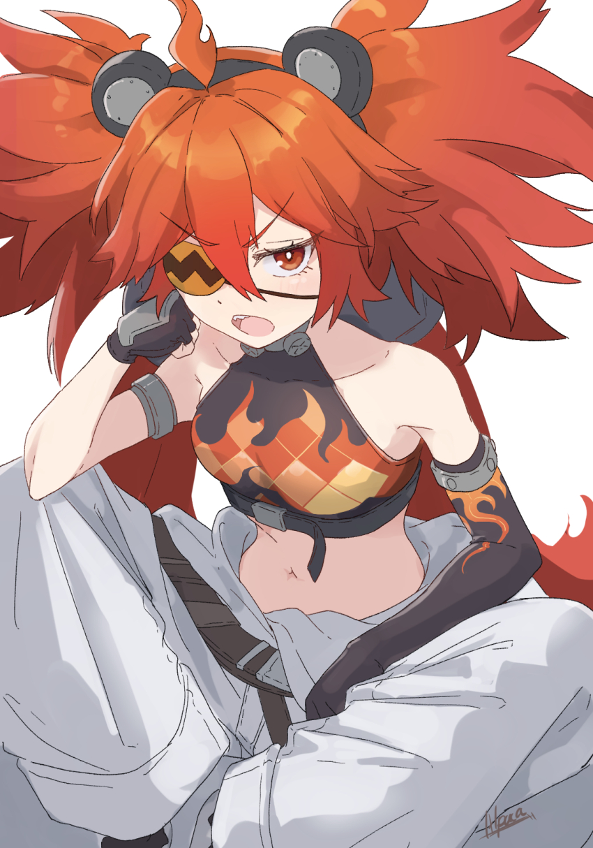 1girl, alpaca_(alpaca00011), asymmetrical_gloves, bare_shoulders, belt, black_belt, black_gloves, black_shirt, crop_top, gloves, grey_pants, hair_ornament, hand_up, highres, koleda_belobog, long_hair, looking_at_viewer, midriff, navel, orange_hair, pants, red_eyes, shirt, sitting, sleeveless, sleeveless_shirt, solo, sphere_hair_ornament, stomach, v-shaped_eyebrows, very_long_hair, zenless_zone_zero