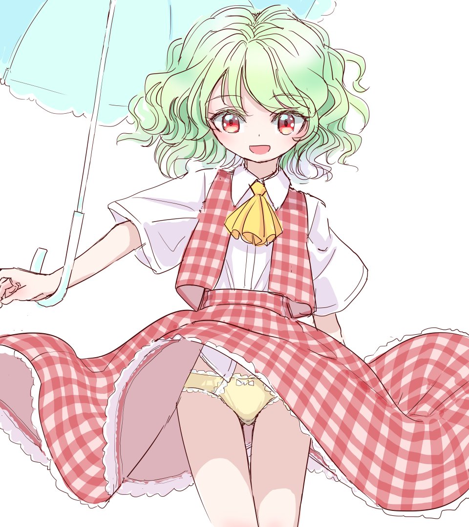 1girl, ascot, bow, bow_panties, clothes_lift, collared_shirt, commentary_request, frilled_panties