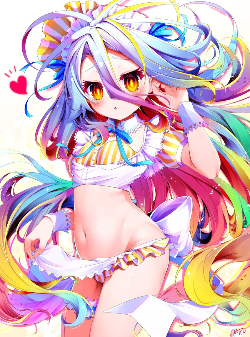 1girl, absurdres, apron, bikini, blonde_hair, blue_hair, blue_ribbon, blush