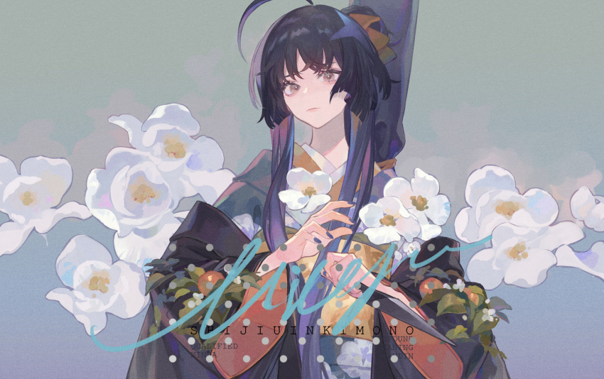 1girl, ahoge, black_hair, dadonikaaaaaaaaaaa, floral_print, floral_print_kimono, flower, forever_7th_capital