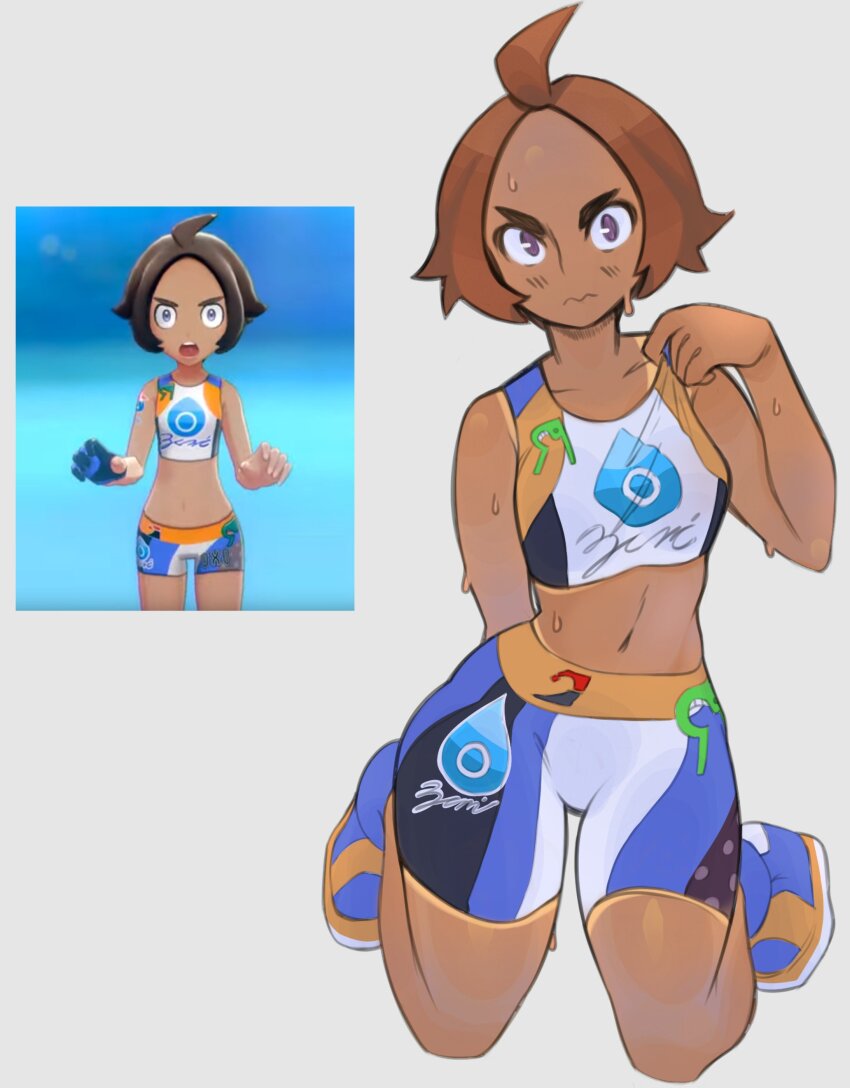 1girl, absurdres, ahoge, atomicjosuke, bike_shorts, blue_footwear, brown_hair, closed_mouth, clothes_tug, collarbone, commentary, forehead, full_body, grey_background, gym_trainer_(pokemon), hand_up, highres, kneeling, looking_at_viewer, midriff, navel, nintendo, pokemon, pokemon_sword_and_shield, purple_eyes, reference_inset, screenshot_inset, shoes, short_hair, sports_bra, sweat, tan, tanline, wavy_mouth