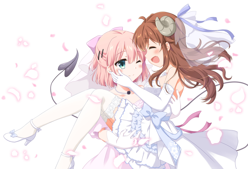 2girls, bare_shoulders, blue_eyes, blush, bow, bridal_veil, brown_hair, carrying