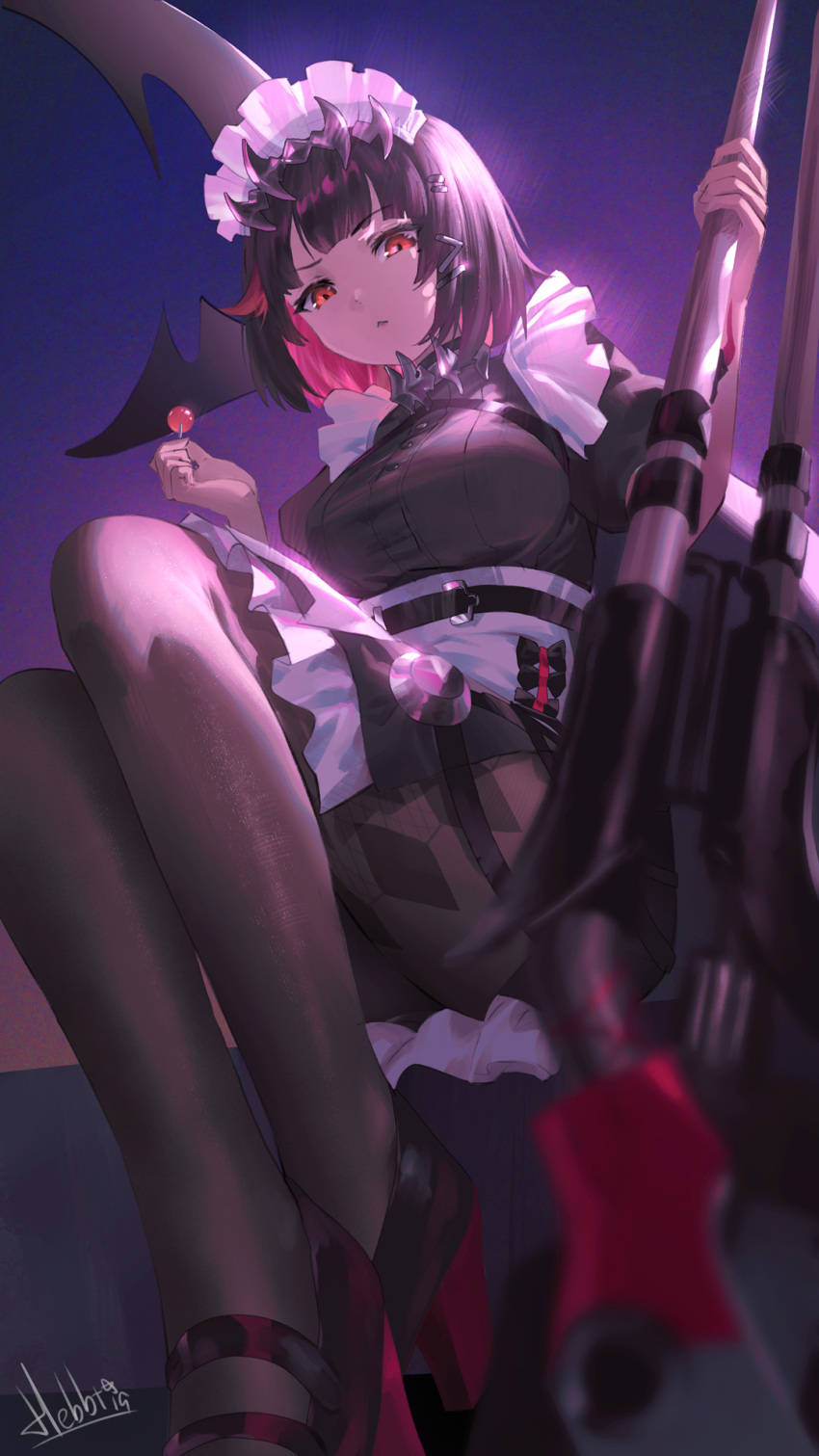 1girl, black_hair, black_pantyhose, candy, ellen_joe, fins, fish_tail, food