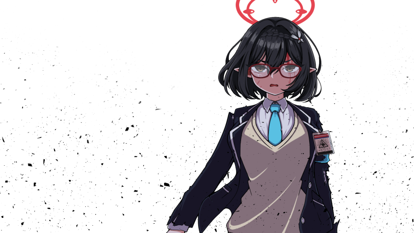 1girl, black_hair, black_jacket, blue_archive, breasts, glasses, halo, highres