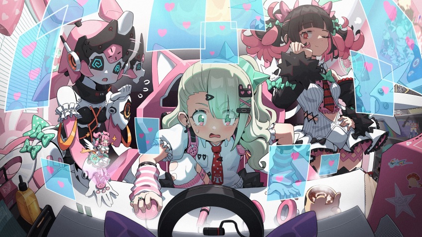 4girls, @_@, absurdres, afterimage, aria_(robot)_(zenless_zone_zero), aria_(zenless_zone_zero), arm_warmers, asymmetrical_bangs, bag, bandaid, bandaid_hair_ornament, bare_shoulders, black_hair, blunt_bangs, blush_stickers, boots, bow, bright_pupils, cat_hair_ornament, chair, character_request, chinese_commentary, colored_inner_hair, commentary_request, computer_mouse, cup, desk, detached_sleeves, dress, dual_persona, earrings, eighth_note, electric_fan, fisheye, flying_sweatdrops, frilled_dress, frills, gaming_chair, green_eyes, grey_hair, hair_bow, hair_ornament, hairclip, headphones, heart, highres, hologram, holographic_monitor, hot_chocolate, humanoid_robot, hyny, indoors, jewelry, knee_up, long_hair, low_wings, mug, multicolored_eyes, multicolored_hair, multiple_girls, musical_note, musical_note_earrings, my_little_pony, my_little_pony:_friendship_is_magic, nangong_yu, necktie, nervous_sweating, one_eye_closed, panicking, pink_bag, pink_eyes, pink_hair, ponytail, puffy_detached_sleeves, puffy_short_sleeves, puffy_sleeves, rainbow_dash, red_eyes, red_necktie, robot, robot_girl, shirt, short_sleeves, sitting, sleeve_bow, smile, sparkle, sparkling_aura, sunna_(zenless_zone_zero), sweat, swivel_chair, teeth, thighhighs, torn_clothes, torn_thighhighs, twintails, twirling_hair, two-tone_eyes, upper_teeth_only, wavy_mouth, webcam, white_dress, white_shirt, wings, zenless_zone_zero, zettai_ryouiki