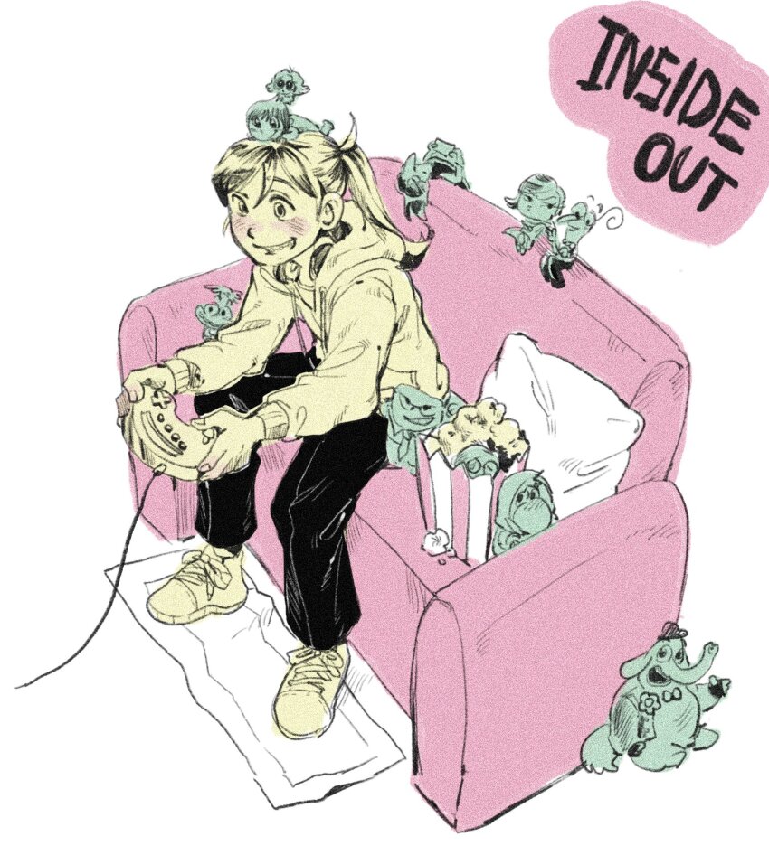 2024, 3boys, anger_(inside_out), anxiety_(inside_out_2), bbabba_2, controller, couch, disgust_(inside_out), disney, embarrassment_(inside_out), envy_(inside_out_2), fear_(inside_out), food, highres, inside_out, inside_out_2, jacket, joy_(inside_out), multiple_boys, multiple_girls, pants, pillow, pixar, playing_games, playing_video_games, popcorn, riley_andersen, sadness_(inside_out), shoes, tagme, video_game