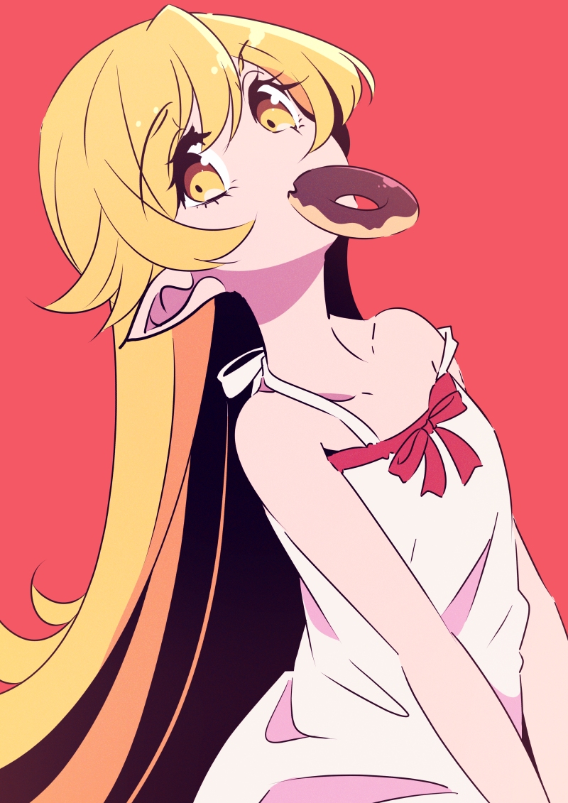 1girl, bakemonogatari, bare_shoulders, blonde_hair, breasts, donut, dress, food