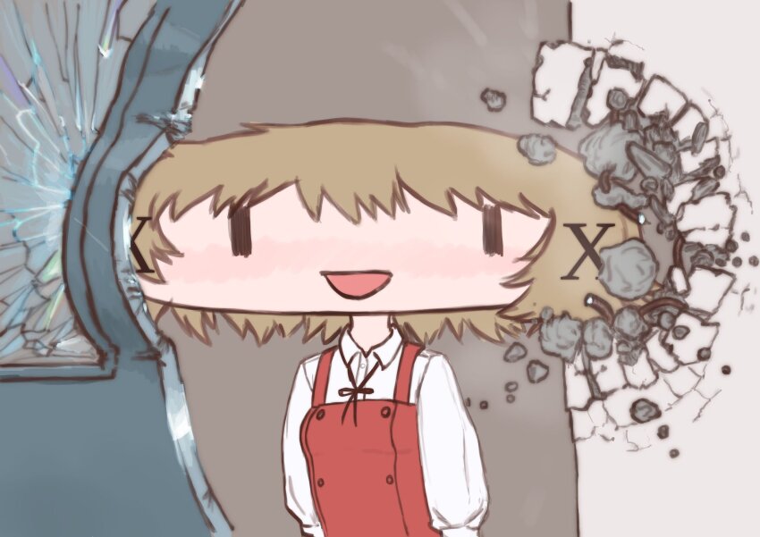 10tile, 1girl, :d, aoki_ume_(style), blush, broken_door, broken_wall, brown_hair