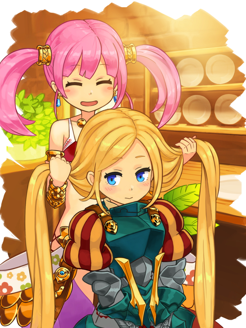 2girls, :d, armor, blonde_hair, blue_eyes, blush, breastplate, closed_eyes