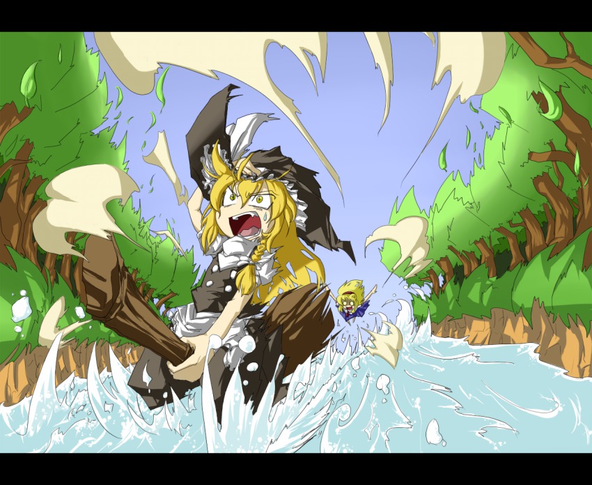 2girls, alice_margatroid, bad_id, bad_pixiv_id, blonde_hair, broom, broom_riding, chasing