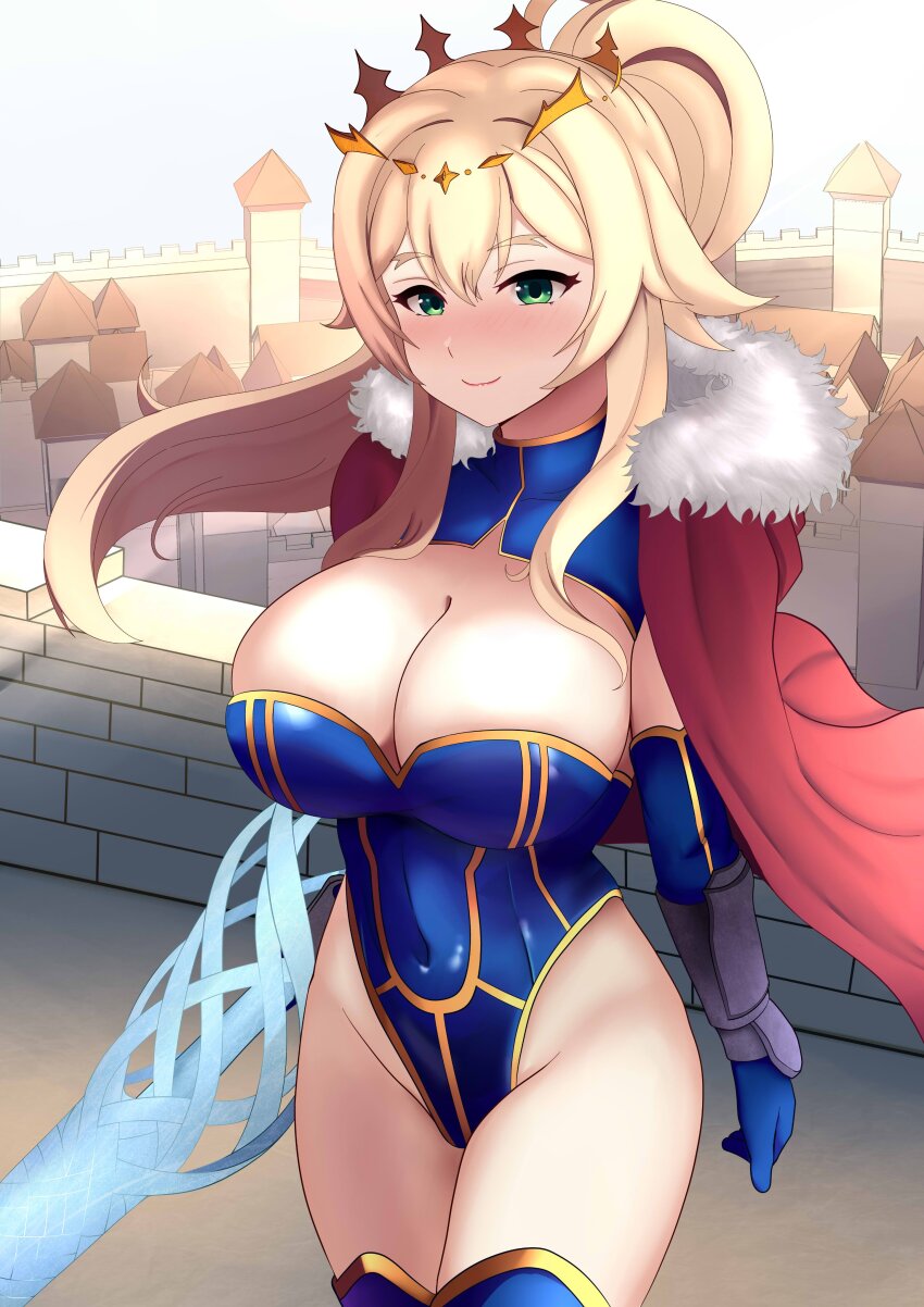 1girl, absurdres, artoria_pendragon_(lancer)_(fate), artoria_pendragon_(lancer)_(fate)_(cosplay), blonde_hair, blush, breasts, cape