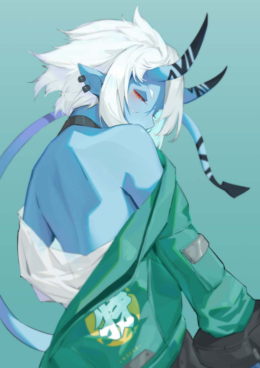 1girl, absurdres, aqua_background, back, bare_shoulders, black_choker, blue_horns, blue_skin