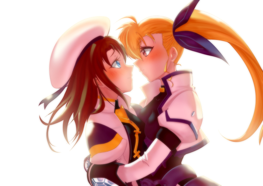 2girls, absurdres, blonde_hair, blue_eyes, blush, breasts, brown_hair, closed_mouth