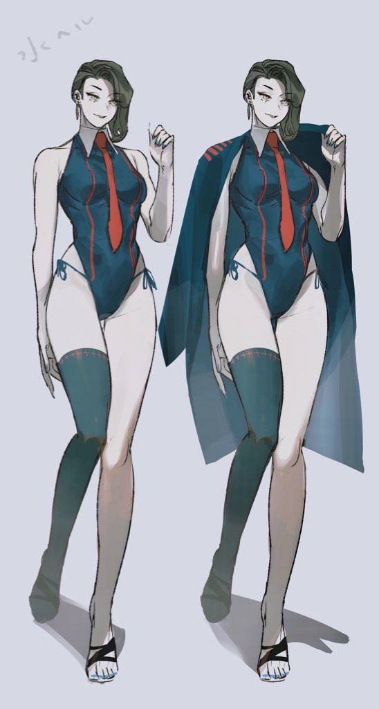 1girl, adapted_costume, blue_leotard, blue_thighhighs, breasts, brown_hair, hermann_(project_moon), highleg