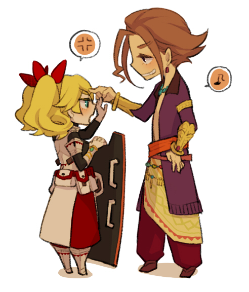 1boy, 1girl, anger_vein, blonde_hair, blue_eyes, blush, dancer_(sekaiju), dancer_1_(sekaiju)