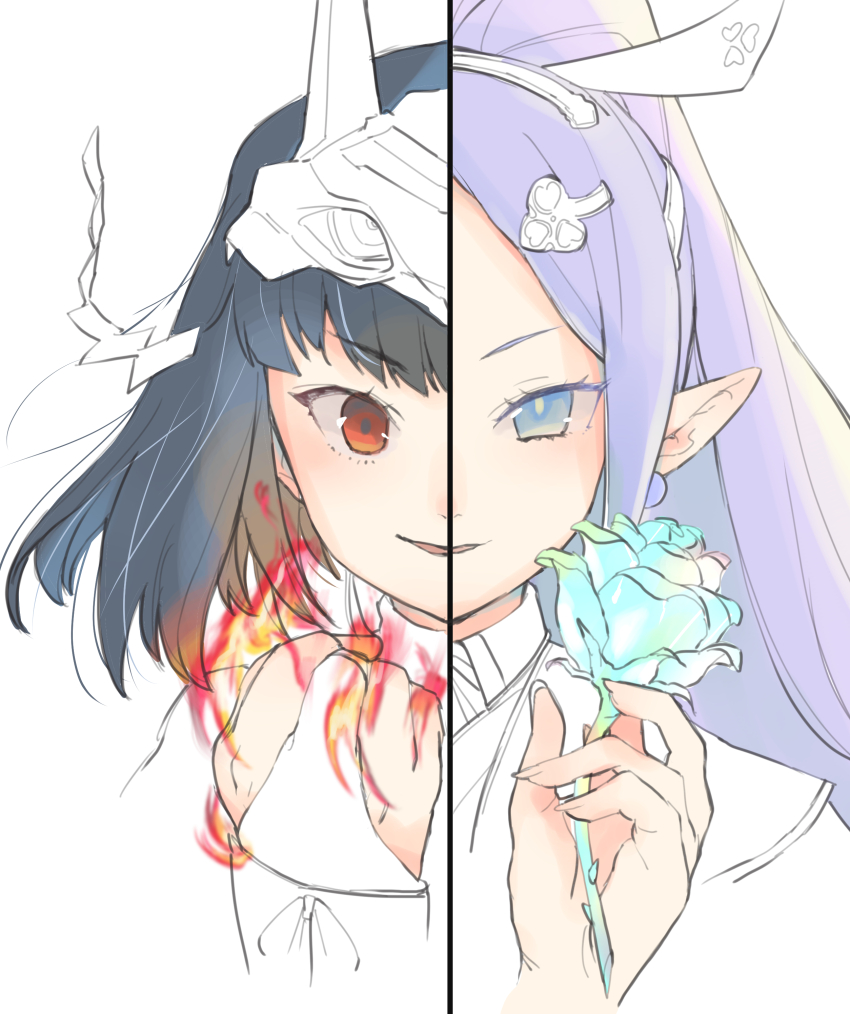 2girls, absurdres, black_hair, blue_eyes, blue_hair, bridal_gauntlets, commentary, crystal_rose