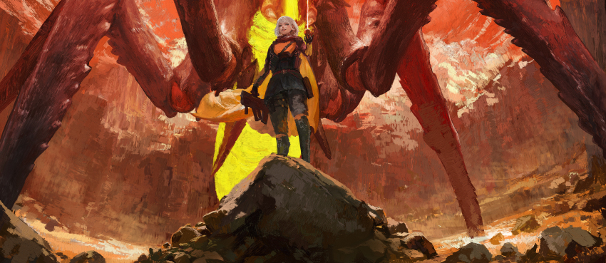 1girl, absurdres, assault_rifle, bile_titan, from_below, gun, helldiver_(helldivers), helldivers_(series)