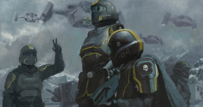 1girl, 3others, absurdres, aircraft, anti-aircraft, anti-aircraft_gun, armor, assault_rifle, beret, breastplate, cape, gun, hand_on_own_hip, hat, helldiver_(helldivers), helldivers_(series), helmet, highres, impasto, liberator_(helldivers), looking_at_another, multiple_others, painterly, pelican_(helldivers), red_hat, rifle, shoulder_armor, skull, v, vtol, weapon, xianggang_jizhe