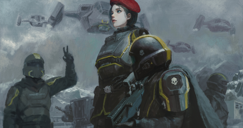 1girl, 3others, absurdres, aircraft, anti-aircraft, anti-aircraft_gun, armor, assault_rifle, beret, black_hair, blue_eyes, breastplate, cape, gun, hand_on_own_hip, hat, helldiver_(helldivers), helldivers_(series), helmet, highres, impasto, liberator_(helldivers), looking_at_another, multiple_others, missing_headwear, painterly, pelican_(helldivers), red_hat, rifle, shoulder_armor, skull, v, vtol, weapon, xianggang_jizhe