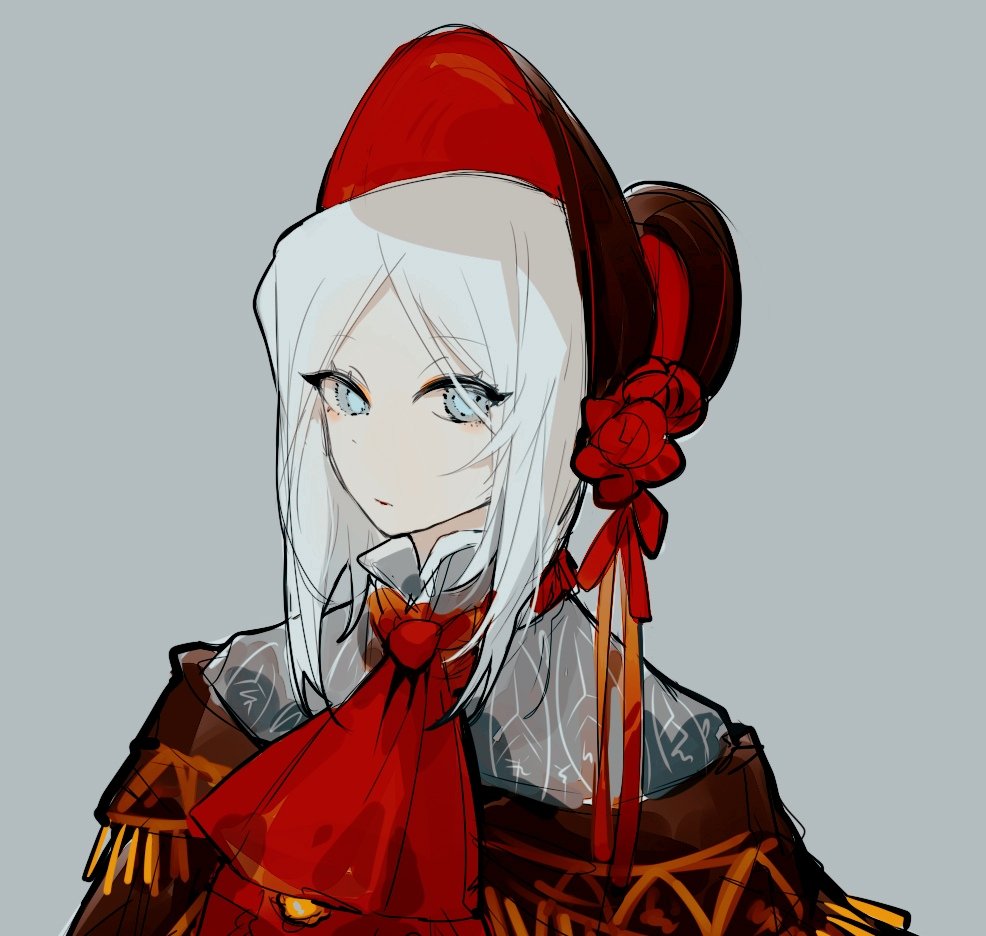 1girl, aislan, bloodborne, blue_eyes, collar, cosplay, faust_(project_moon), flower