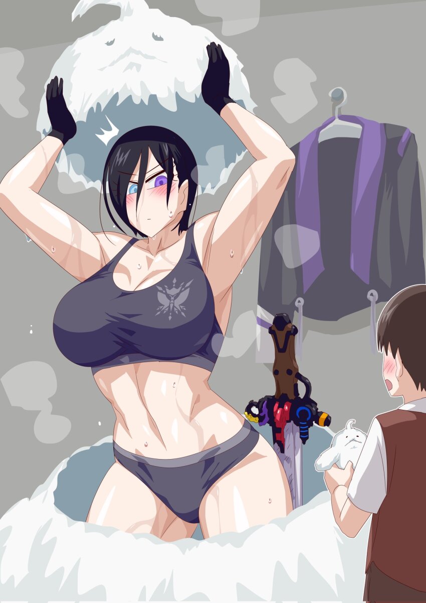 1boy, 1girl, athletic, toned_female, blue_eyes, female_abs, highres, kanisuka_rita, mascot, mascot_costume, multicolored_eyes, ohsama_sentai_king-ohger, otokamu, sports_bra, steam, steaming_body, super_sentai, sweat, sweatdrop, undressing