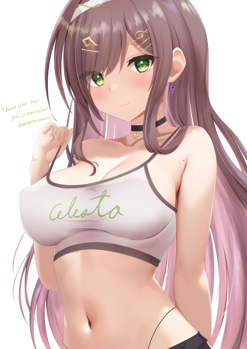 1girl, absurdres, bare_shoulders, blush, breasts, brown_hair, choker, cleavage, collarbone, commentary, commission, earrings, green_eyes, hair_ornament, hairband, hairclip, hairpin, highres, holding_strap, indie_virtual_youtuber, jewelry, long_hair, looking_at_viewer, medium_breasts, midriff, miori_celesta, miori_celesta_(comfy), miwataru, mole, mole_on_armpit, multiple_hairpins, navel, sidelocks, simple_background, skeb_commission, solo, sports_bra, star_(symbol), star_choker, treble_clef, upper_body, virtual_youtuber, white_background, white_hairband
