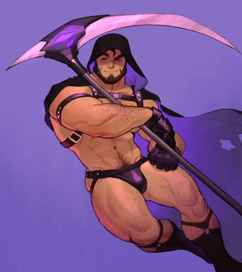 1boy, absurdres, ass, bara, beard, biceps, brown_hair, bulge, cape, chest_belt, cosplay, death_(entity), death_(helbai), facial_hair, grim_reaper, hairy, helbai, henri_(helbai), highres, holding, holding_scythe, holding_weapon, hood, hoodie, jockstrap, leather, leather_belt, looking_at_viewer, male_focus, male_underwear, manly, mature_male, muscular, muscular_legs, muscular_male, original, pubic_hair, purple_background, red_eyes, scythe, simple_background, smirk, socks, solo, sucking_up_to_death, thick_eyebrows, thighs, underwear, very_hairy, weapon