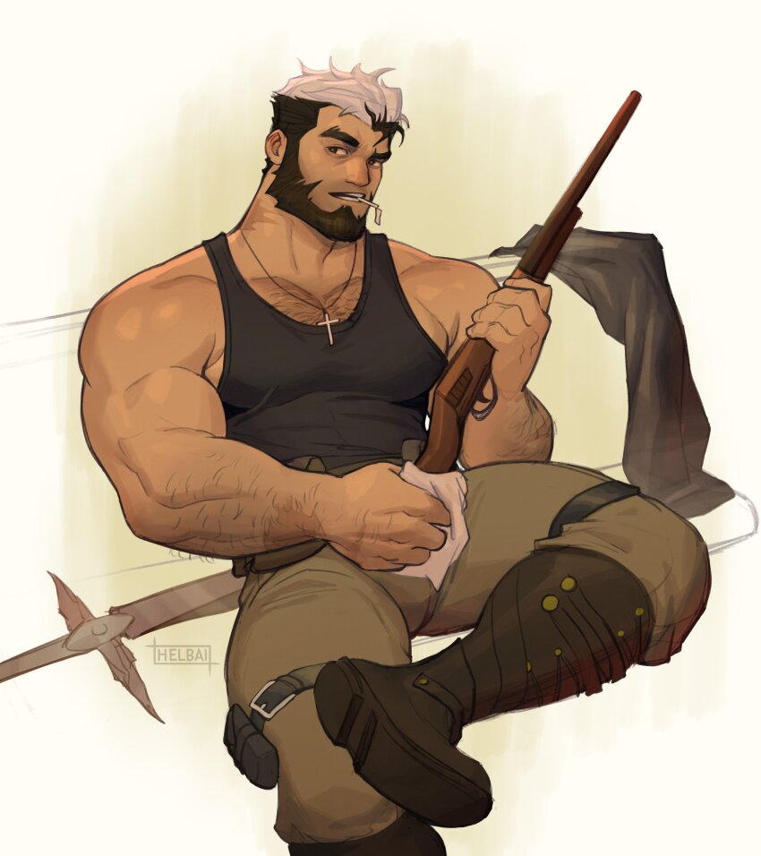 1boy, absurdres, artist_name, bara, beard, biceps, black_hair, boots