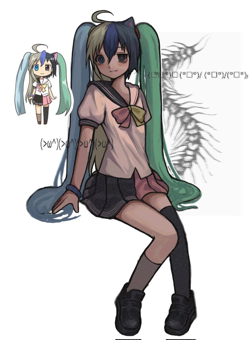 1girl, ahoge, animal_ears, aqua_hair, asymmetrical_legwear, black_footwear, black_hair, black_sailor_collar