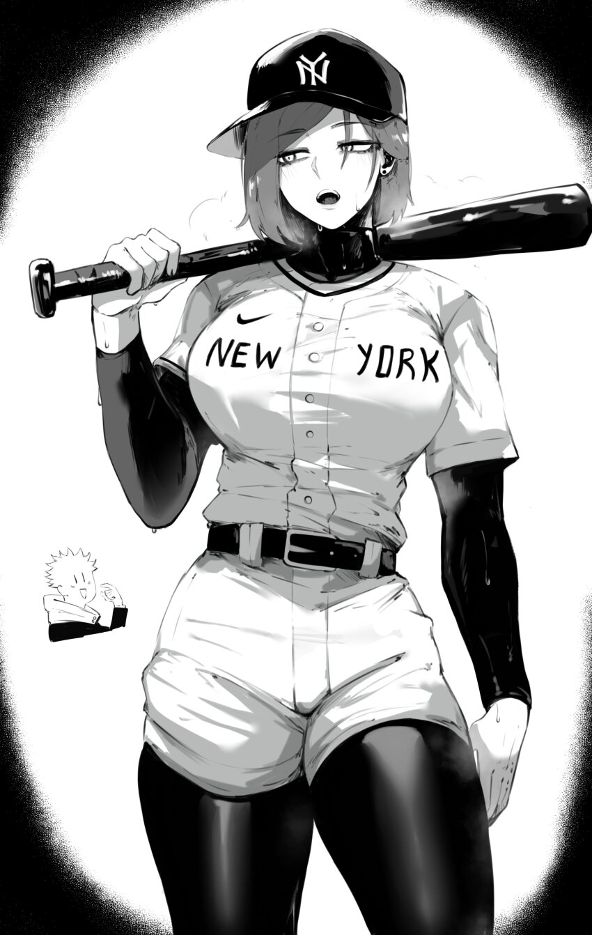 1boy, 1girl, absurdres, baseball_bat, baseball_cap, baseball_jersey, baseball_uniform, breasts