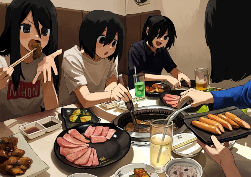 4girls, alcohol, beer, black_eyes, black_hair, black_shirt, blue_shirt, bowl
