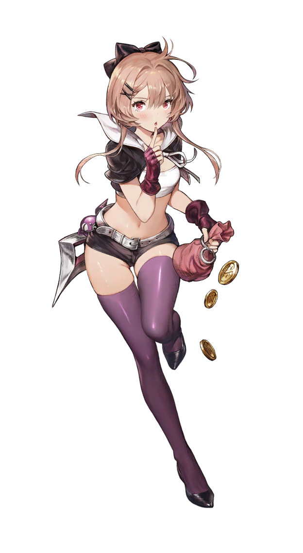 1girl, bag, belt, bernie_(brown_dust), black_footwear, black_jacket, black_ribbon, black_shorts, blush, brown_dust_(series), brown_dust_2, brown_hair, coin, crop_top, cropped_jacket, finger_to_mouth, fingerless_gloves, full_body, game_cg, gloves, gold_coin, hair_between_eyes, hair_ribbon, holding, holding_bag, jacket, looking_at_viewer, navel, non-web_source, official_art, open_mouth, purple_thighhighs, red_eyes, red_gloves, ribbon, shirt, short_shorts, shorts, simple_background, skindentation, solo, standing, stomach, thighhighs, transparent_background, white_shirt