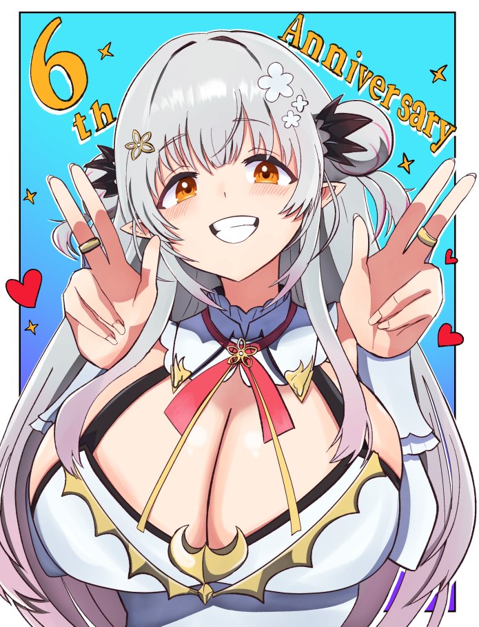 029skysky, 1girl, anniversary, blue_background, blush, breasts, cleavage, commentary_request