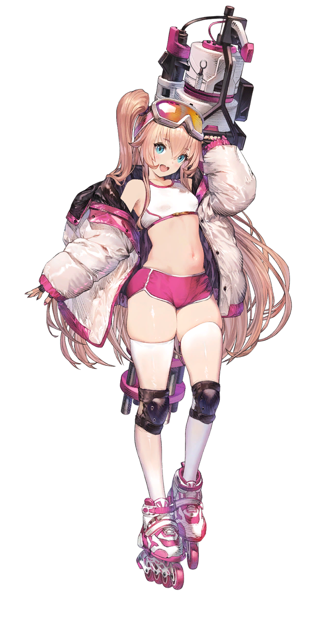 1girl, anastasia_(brown_dust), anastasia_(fire_graffiti)_(brown_dust), armpits, blue_eyes, brown_dust_(series), brown_dust_2, brown_hair, crop_top, full_body, game_cg, goggles, gun, hair_between_eyes, highres, holding, holding_gun, holding_weapon, jacket, knee_pads, long_hair, looking_at_viewer, navel, non-web_source, off_shoulder, official_art, open_mouth, pink_shoes, pink_shorts, roller_skates, shirt, shoes, short_shorts, shorts, side_ponytail, simple_background, skates, ski_goggles, skindentation, smile, solo, stomach, thighhighs, transparent_background, very_long_hair, weapon, white_jacket, white_shirt, white_thighhighs