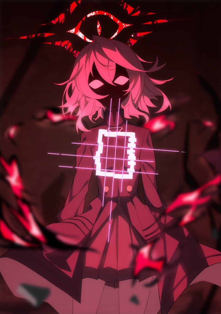 1girl, aura, blank_eyes, blue_archive, broken_halo, buttons, coat, dark_aura