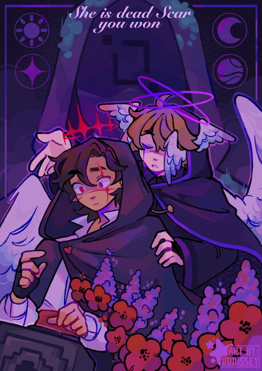 1other, 2boys, ahoge, alternate_costume, angel, artist_name, black_cloak, border, brown_hair, cloak, closed_eyes, commentary, crying, english_commentary, english_text, evolution_smp, feathered_wings, flower, goodtimeswithscar, grian_(youtuber), halo, hand_on_another's_shoulder, head_wings, heart, highres, hood, hood_up, life_heart_(traffic_life), long_sleeves, male_focus, medium_hair, minecraft_youtube, multiple_boys, multiple_wings, oddissey, purple_halo, red_eyes, scar, secret_keeper_(secret_life_smp), secret_life_smp, shirt, short_hair, spoilers, tan, traffic_life_series, watcher_(evolution_smp), watermark, white_shirt, white_wings, wings