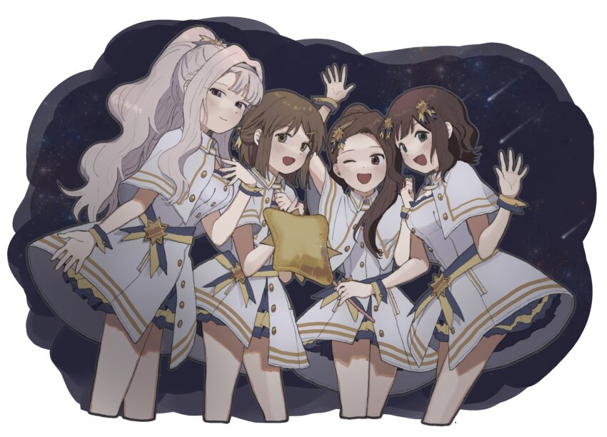 4girls, 8_8ghost, amami_haruka, asymmetrical_bangs, brown_eyes, brown_hair, brown_hairband, buttons