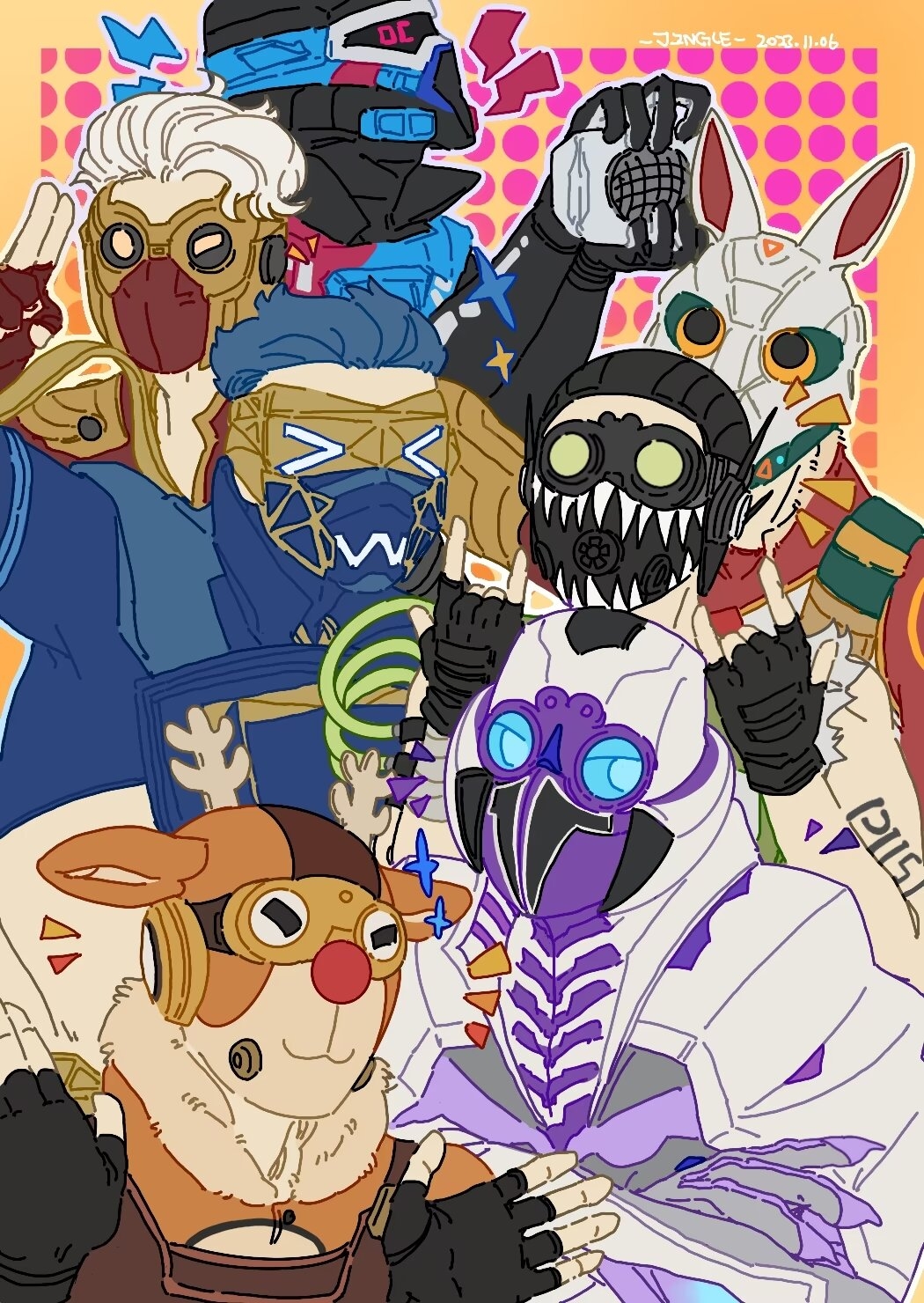 >_<, 6+boys, :3, \m/, animification, apex_legends, arachnoid_rush_octane, arm_tattoo