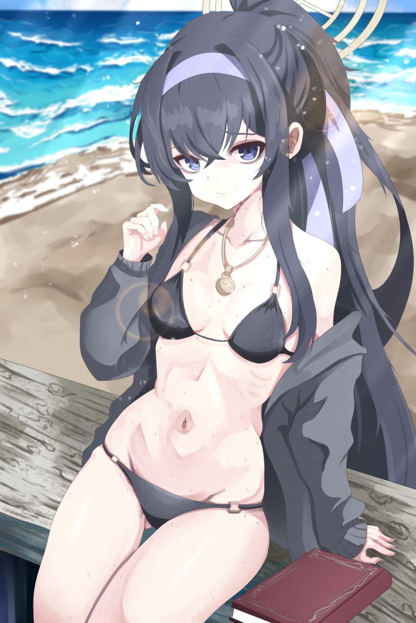 1girl, bags_under_eyes, beach, bikini, black_bikini, black_hair, black_jacket, blue_archive, book, breasts, closed_mouth, commentary_request, day, highres, jacket, jewelry, long_hair, looking_at_viewer, navel, necklace, nobunaga1207, ocean, official_alternate_costume, open_clothes, open_jacket, outdoors, ponytail, purple_eyes, sand, sidelocks, sitting, small_breasts, solo, stomach, sunlight, swimsuit, ui_(blue_archive), ui_(swimsuit)_(blue_archive), water