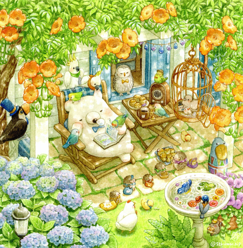 bear, bird, bird_bath, birdcage, blue_bow, blue_bowtie, book, bow