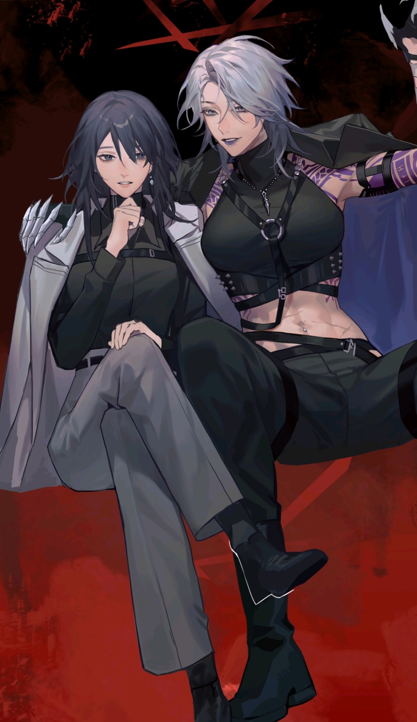 2girls, abs, absurdres, arm_around_shoulder, arm_tattoo, arm_up, black_background, black_coat