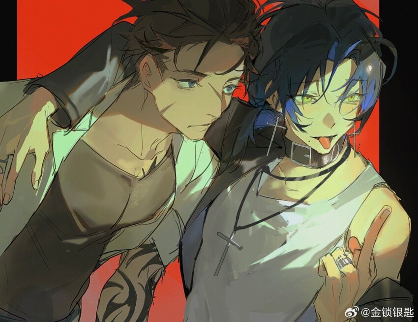 2boys, arm_around_neck, arm_tattoo, belt, belt_buckle, belt_collar, black_belt, black_hair