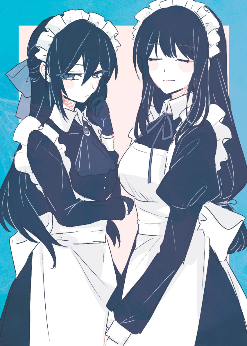 2girls, apron, black_dress, black_hair, brooch, dress, genderswap, genderswap_(mtf), hair_ribbon, highres, jewelry, kawase_(koshotengai_no_hashihime), koshotengai_no_hashihime, long_hair, maid, maid_apron, maid_headdress, mamimu_memo0, minakami_(koshotengai_no_hashihime), multiple_girls, neck_ribbon, ribbon, simple_background, squinting, white_ribbon